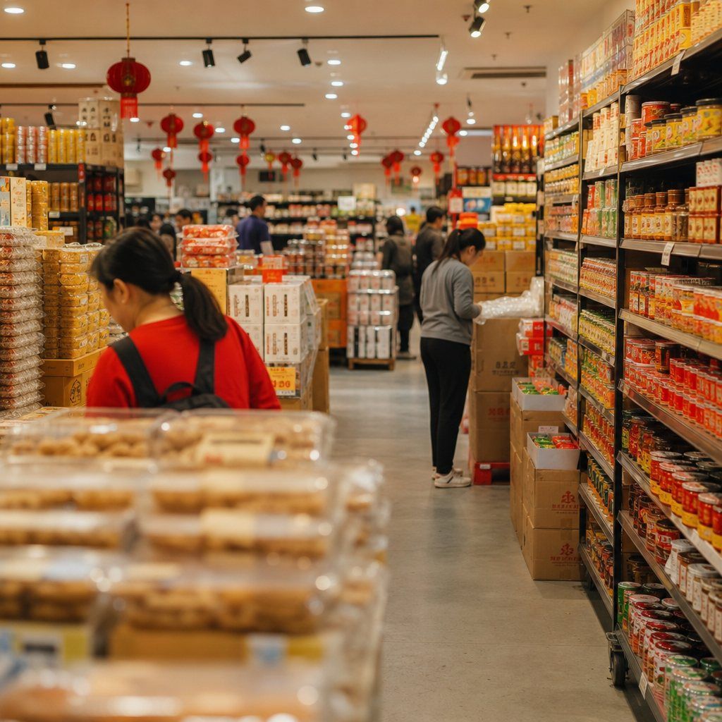 陈列中国食品的超市货架